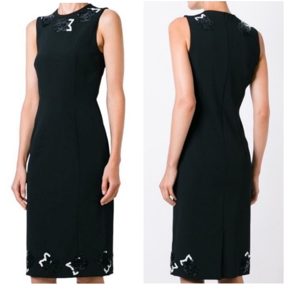 Christopher Kane Fitted Midi Dress with Sequin Flower Motif Black 8 NWT New